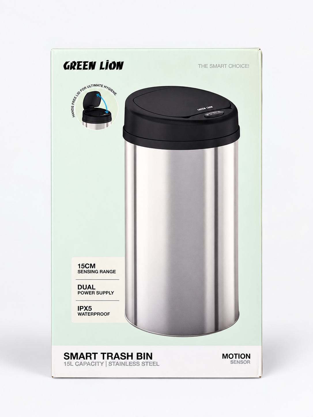 Green Lion 15L Stainless-Steel Smart Trash Bin