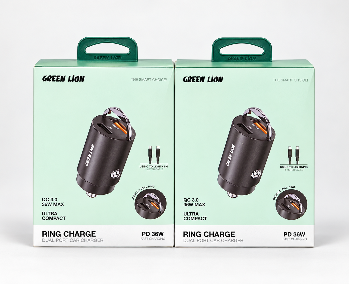 Green Lion Ring Charge 36W Dual-Port Car Charger with Lightning Cable